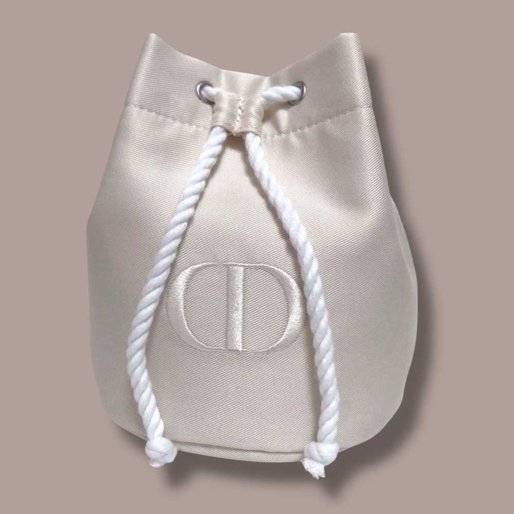 Beige-White Dior Beauty (Satin-Lined) Drawstring Cosmetic-Makeup Pouch